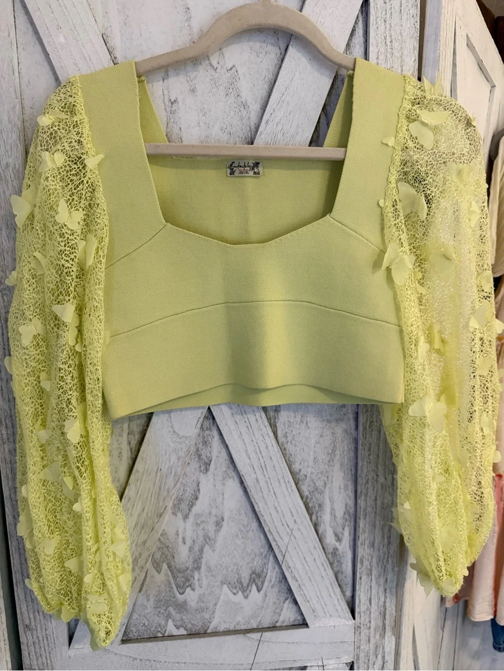 Free People Sheer Flutter Sleeve Crop Top in Pale Yellow/ stunning like new Sz.M